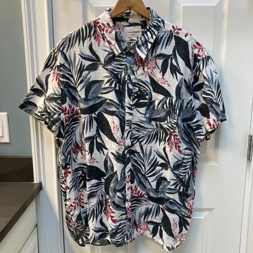 Lucky Brand Linen Floral Hawaiian Button Down Short Sleeve Shirt Size Xxl